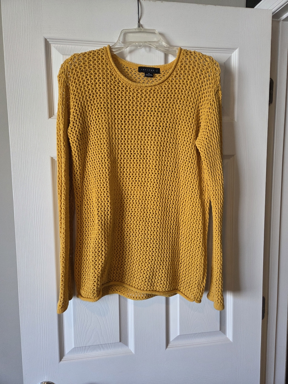 Sanctuary Mustard Yellow Open-Weave Crewneck Sweater